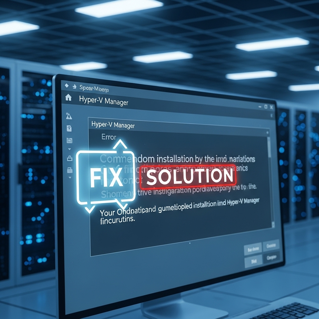 Hyper-V 설치 및 설정 중 발생하는 일반적인 오류 메시지가 표시된 컴퓨터 화면과 문제 해결을 상징하는 아이콘