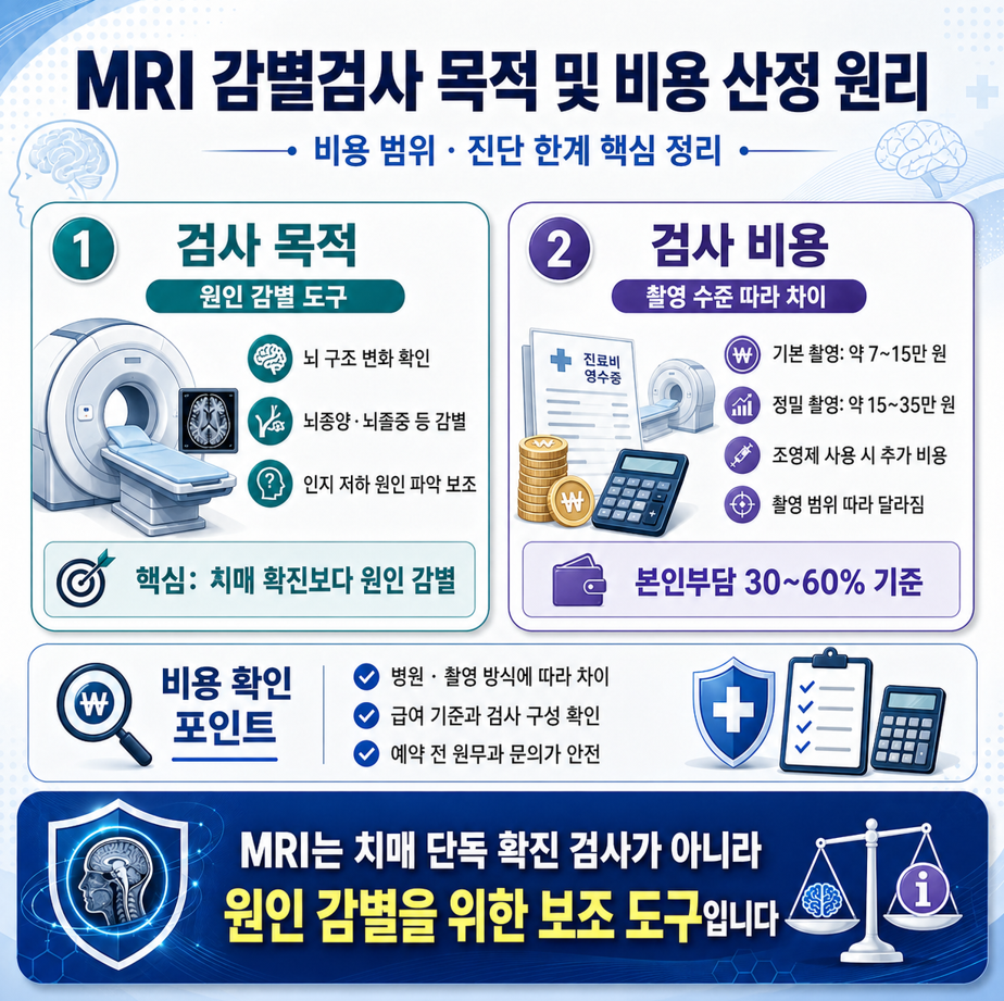 MRI 감별검사의 목적과 촬영 방식별 비용 산정 원리를 정리한 인포그래픽