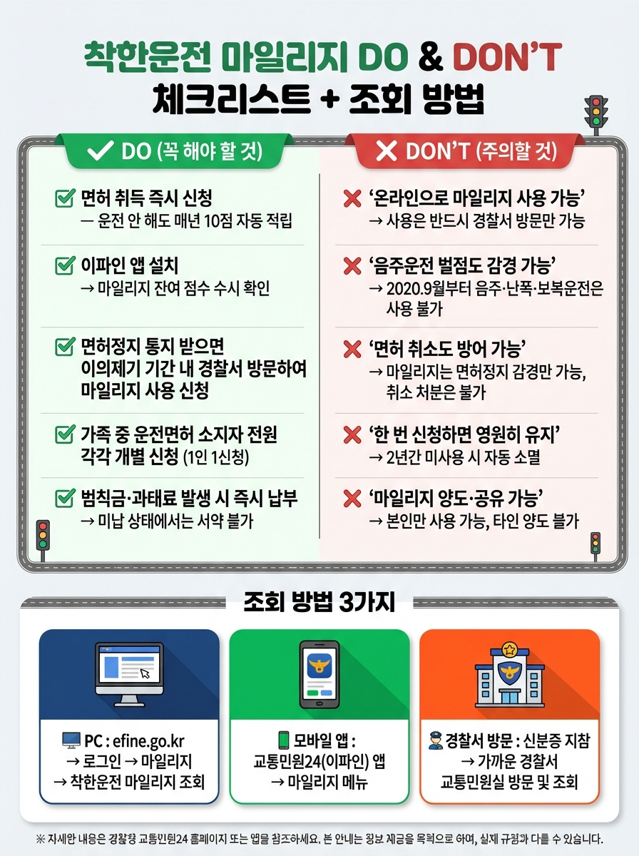 착한운전 마일리지 DO와 DON'T 체크리스트 및 조회 방법 인포그래픽 &ndash; 상단 2열 체크리스트. 좌측 DO 꼭 해야 할 것 (초록 체크마크 5개): 면허 취득 즉시 신청 운전 안 해도 매년 10점 자동 적립, 이파인 앱 설치하여 마일리지 잔여 점수 수시 확인, 면허정지 통지 받으면 이의제기 기간 내 경찰서 방문하여 마일리지 사용 신청, 가족 중 운전면허 소지자 전원 각각 개별 신청 1인 1신청, 범칙금&middot;과태료 발생 시 즉시 납부 미납 상태에서는 서약 불가. 우측 DON'T 주의할 것 (빨간 엑스 마크 5개): 온라인으로 마일리지 사용 가능 오해 실제로는 사용은 반드시 경찰서 방문만 가능, 음주운전 벌점도 감경 가능 오해 2020년 9월부터 음주&middot;난폭&middot;보복운전은 사용 불가, 면허 취소도 방어 가능 오해 마일리지는 면허정지 감경만 가능 취소 처분은 불가, 한 번 신청하면 영원히 유지 오해 2년간 미사용 시 자동 소멸, 마일리지 양도&middot;공유 가능 오해 본인만 사용 가능 타인 양도 불가. 하단 조회 방법 3가지 카드: PC (파란색 카드, 컴퓨터 아이콘) efine.go.kr 접속 후 로그인하여 마일리지 메뉴에서 착한운전 마일리지 조회, 모바일 앱 (초록색 카드, 모바일 아이콘) 교통민원24 이파인 앱에서 마일리지 메뉴 선택, 전화 (노란색 카드, 전화 아이콘) 경찰 민원 182 ARS 안내