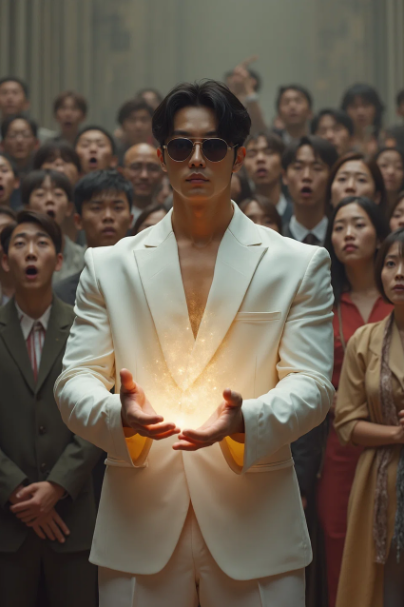 눈을 가리고 투시 능력을 선보이는 전설적인 마술사 쿠다 벅스의 퍼포먼스를 재현한 이미지