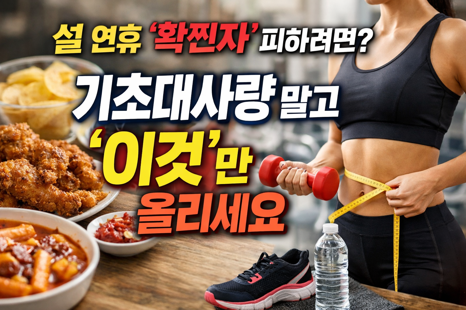 설 연휴 확찐자 예방을 위해 운동과 체중 관리를 상징하는 덤벨, 체중계, 명절 음식이 함께 배치된 이미지