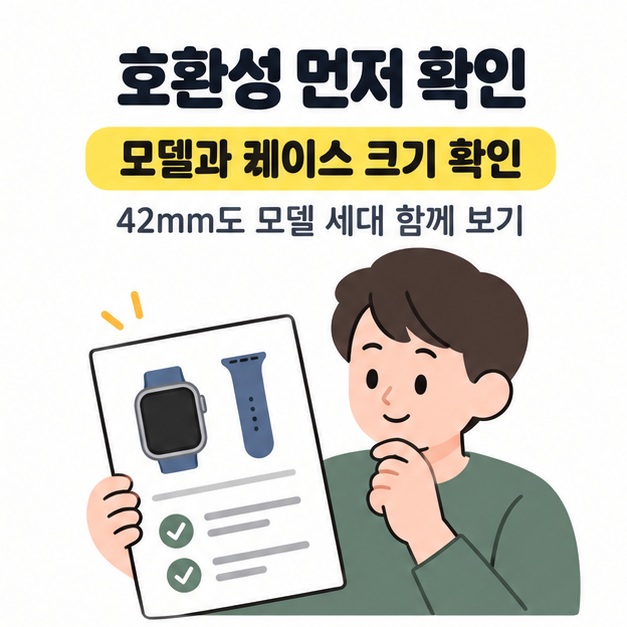 모델과 케이스 크기를 확인하고 42mm도 모델 세대를 함께 보라는 문구와 제품 설명을 살펴보는 인물 그림