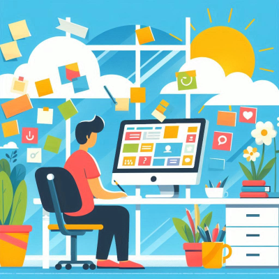 창문을 통해 햇빛이 들어오는 사무실에서 컴퓨터를 사용하는 여성, 주변에는 여러 가지 아이콘과 메모지가 배치됨.