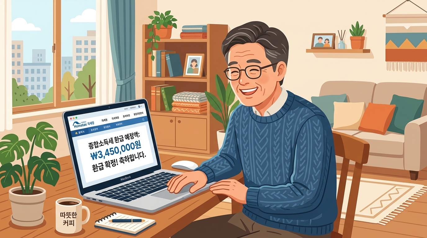 한국인 사용자가 온라인으로 종합소득세 환급 기간에 맞춰 본인의 환급액을 조회하는 모습