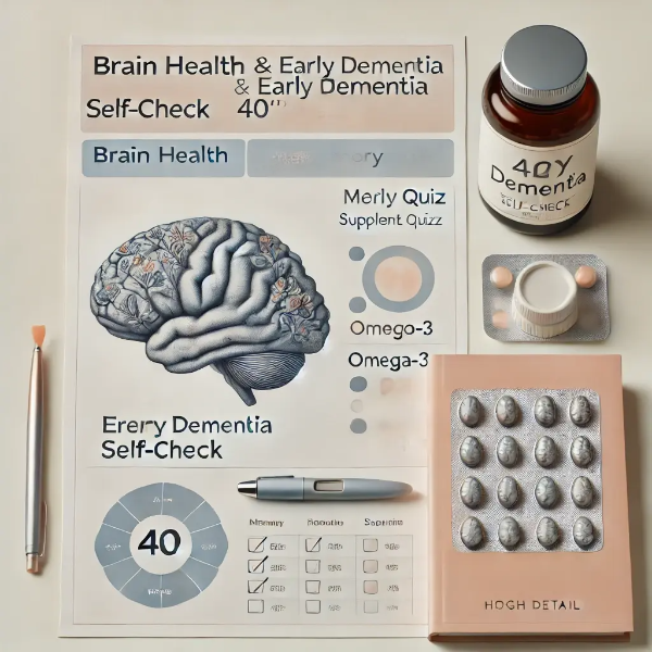하얀 배경 위에 정리된 뇌 도해, 기억력 퀴즈, 오메가3 보충제, '40대부터 뇌건강' 건강노트의 전문 스튜디오 촬영 사진