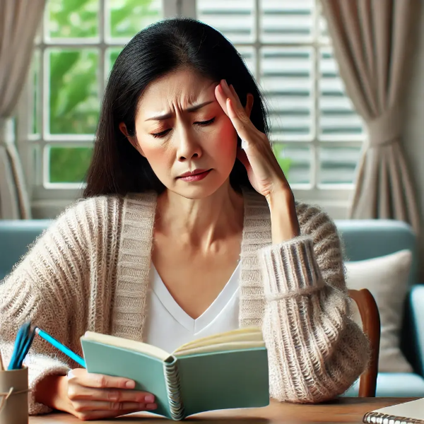 책상에 앉아 노트를 바라보며 관자놀이를 누르고 멍한 표정을 짓는 동양인 중년 여성의 초고해상도 사진