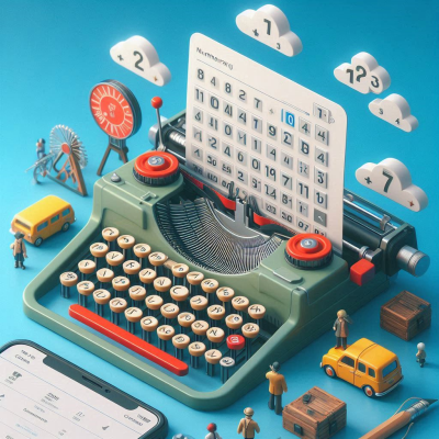 숫자와 기호들이 하늘로 날아가는 타자기의 그림입니다.