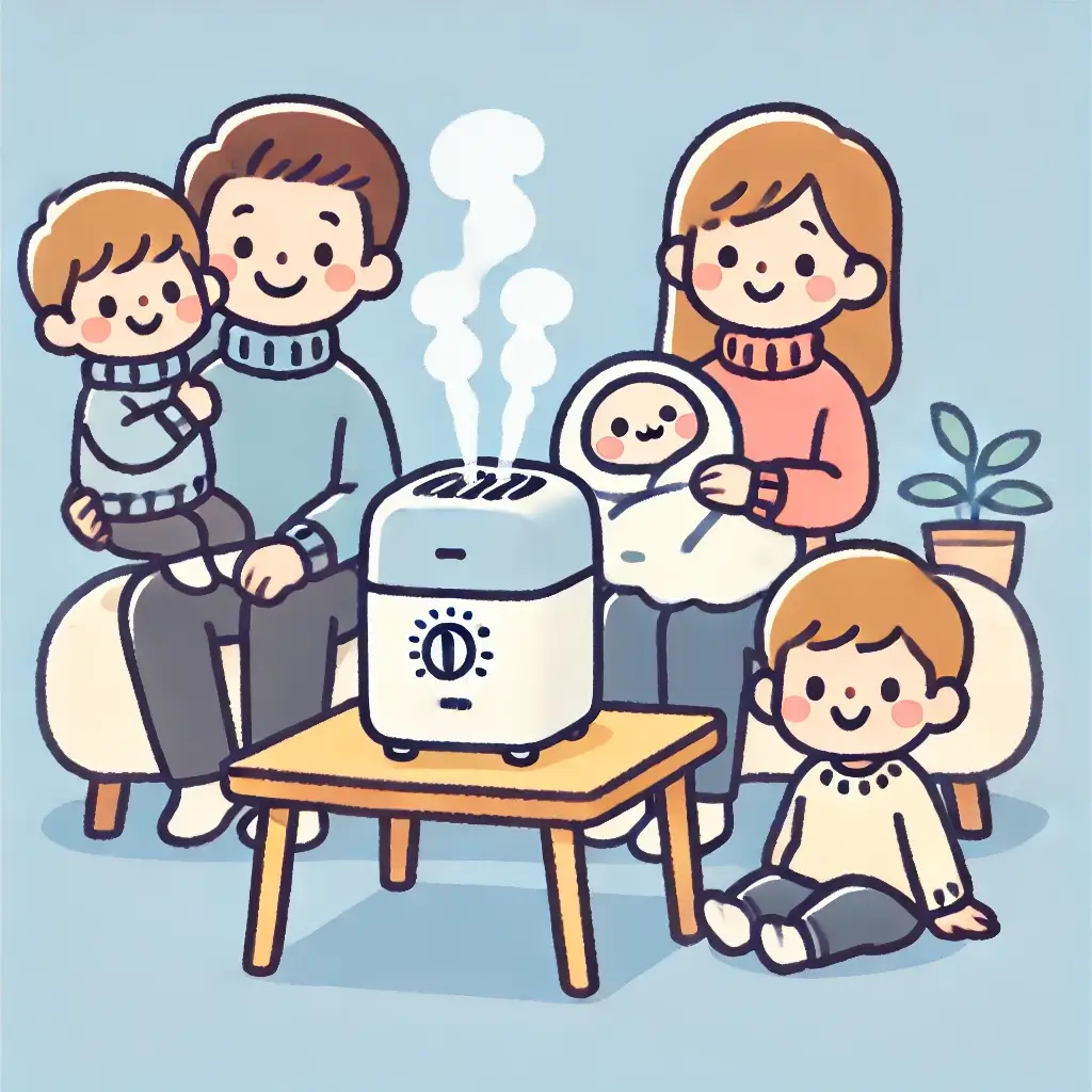 가족이 가습기를 사용하며 전기 난방비를 줄이는 모습