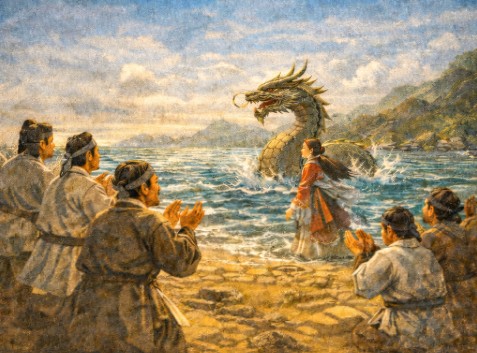 신라 해가 설화에서 바다의 용에게 수로부인을 돌려달라고 노래하는 장면