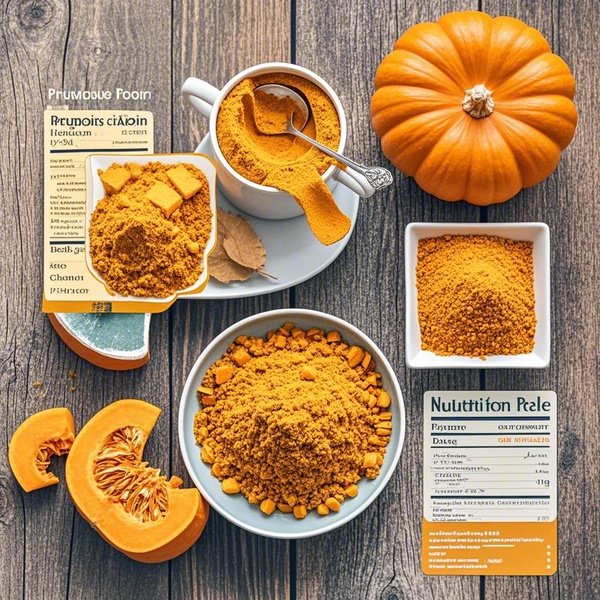 호박 가루와 신선한 호박, 호박 가루를 활용한 다양한 요리, 호박 가루의 영양 성분을 보여주는 인포그래픽