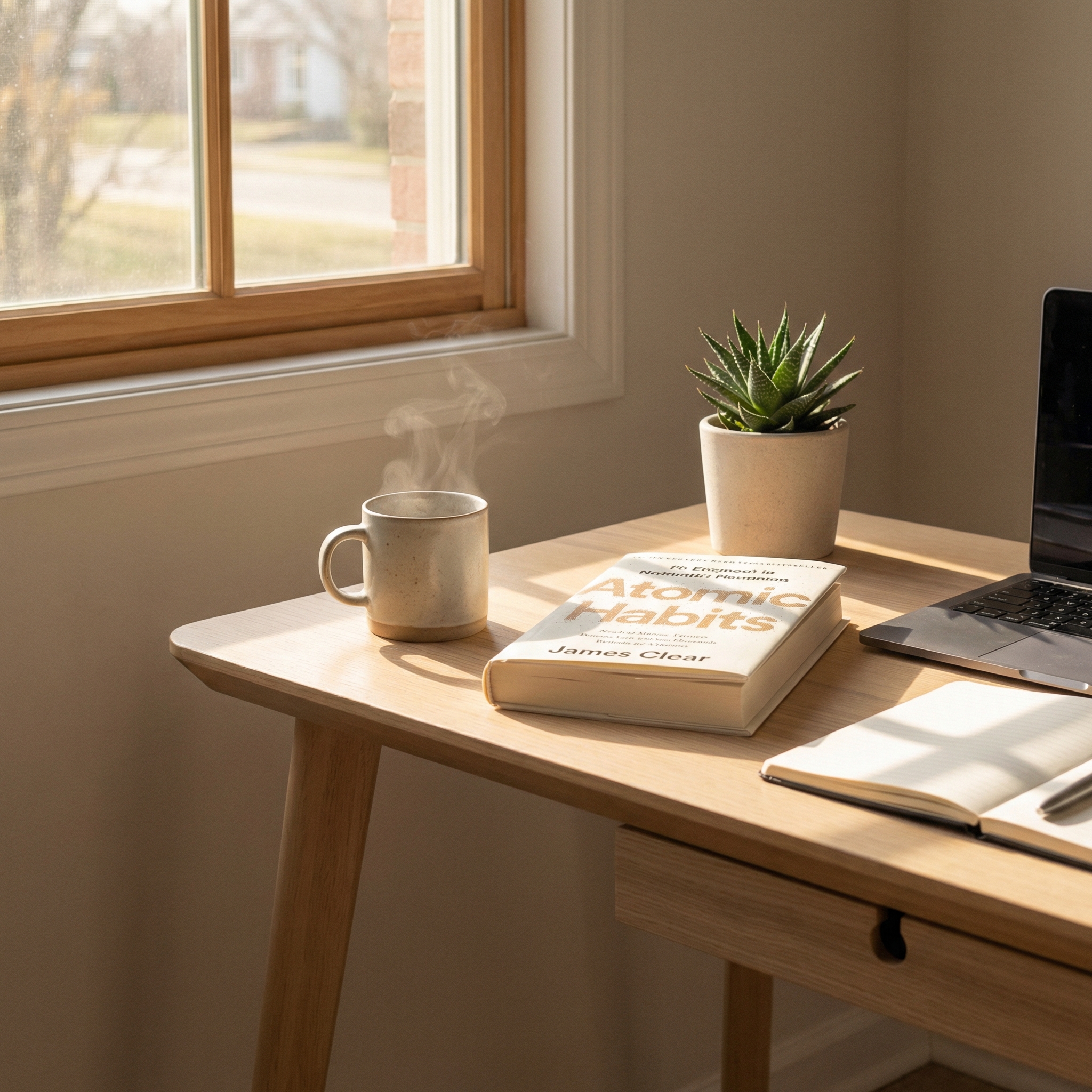 깨끗하고 미니멀한 화이트 데스크 위에 놓인 '아주 작은 습관의 힘' 도서와 따뜻한 커피 한 잔. 창가에서 들어오는 부드러운 아침 햇살이 책의 질감을 강조하며 옆에는 작은 초록색 화분이 놓여 있어 차분하고 생산적인 아침 루틴의 분위기를 자아내는 8k 고해상도 사진