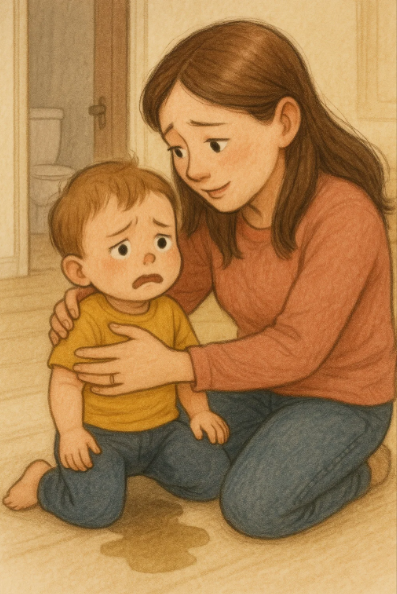 실수한 뒤 엄마 품에서 위로받는 아이의 모습