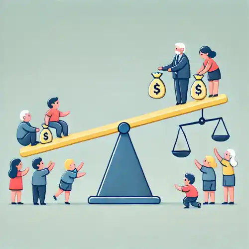 시소 위에서 한쪽에는 소비자들이 상품을 원하고 있고, 다른 쪽에는 판매자들이 가격을 조정하는 모습. 수요와 공급의 법칙을 설명한다.