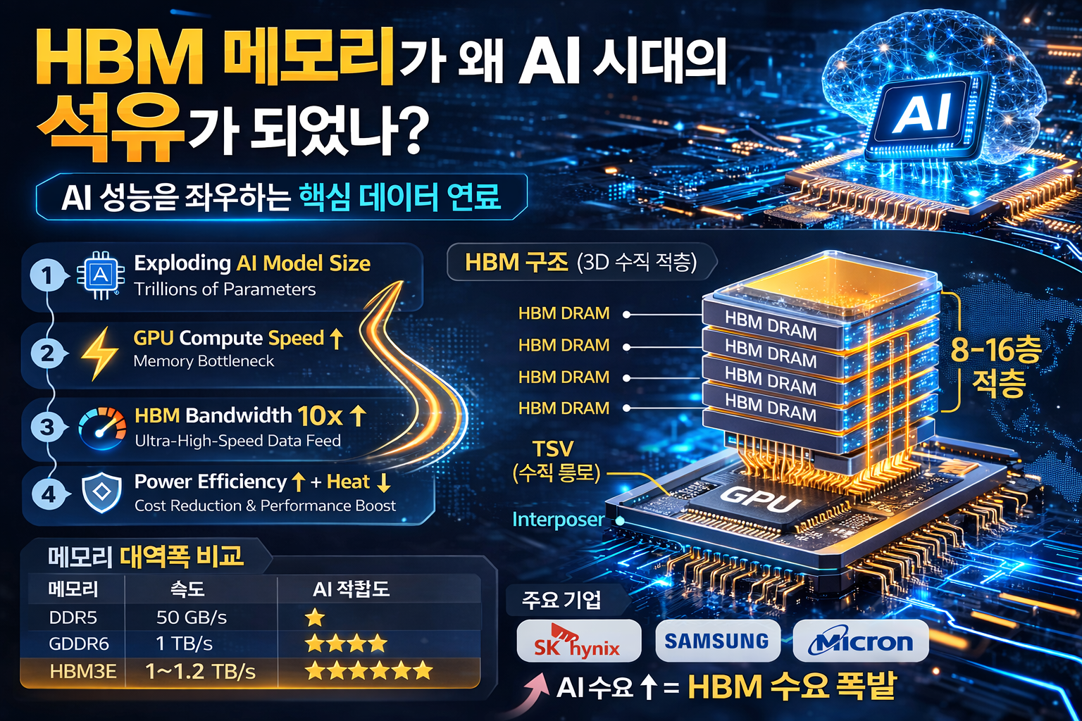HBM 메모리가 AI 시대의 핵심 기술이 된 이유와 GPU 메모리 구조, 메모리 대역폭 비교를 설명하는 인포그래픽 이미지