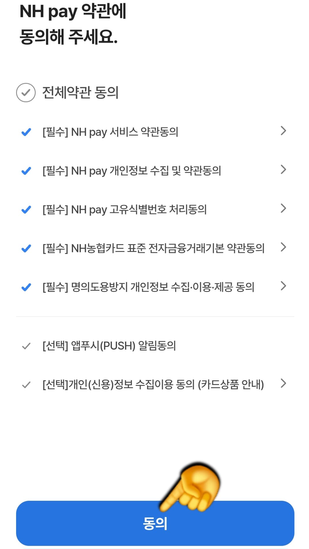 농협-민생지원금-NH페이-신청-방법-안내-NH-Pay-약관에-동의해-주세요.-창이-나오는데요.-여기서도-필수만-체크해-하단에-동의를-눌러줍니다.