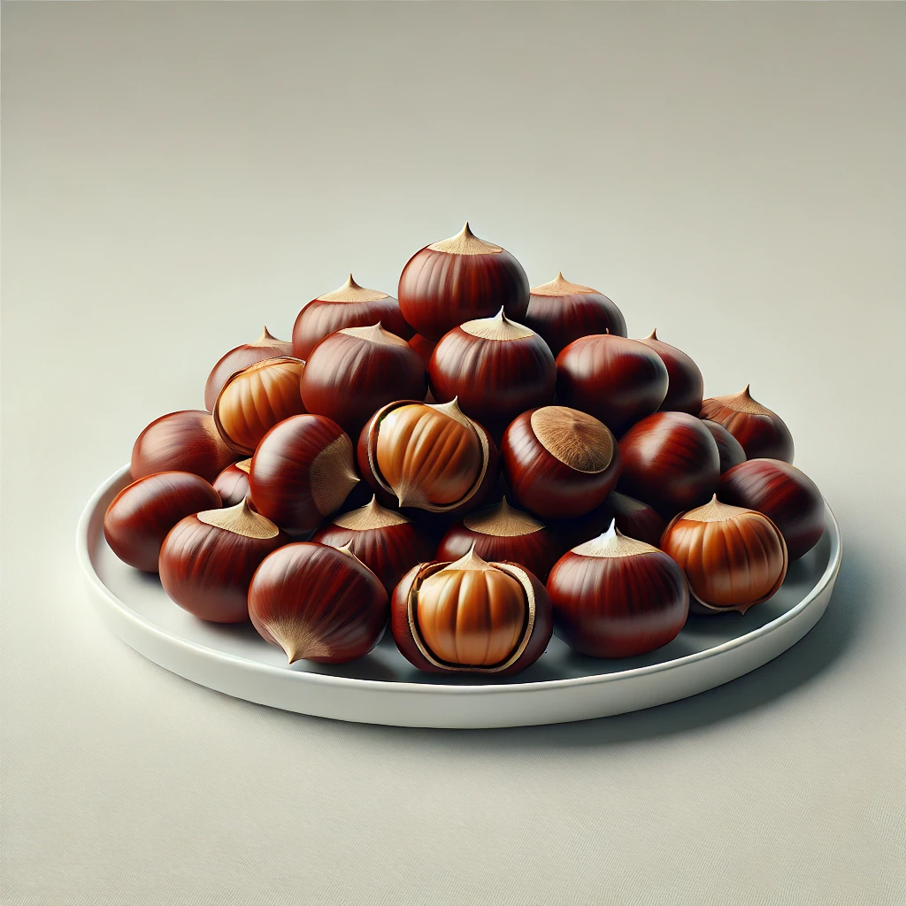 접시에 담긴 반질반질한 밤, 몇 개는 껍질이 벗겨져 속이 보임.
