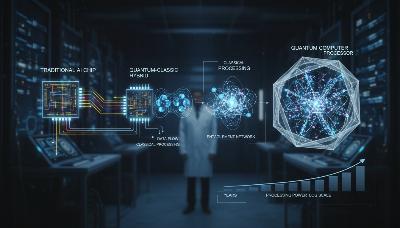 AI 반도체 칩에서 최첨단 양자 프로세서로 진화하는 과정을 보여주는 홀로그램 다이어그램