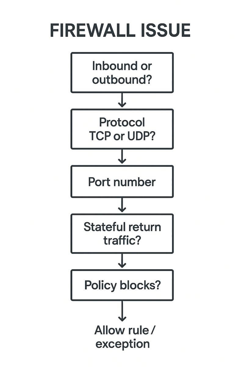 접속 불가 문제가 생겼을 때 인바운드/아웃바운드 방향 확인, 포트와 프로토콜 확인, 정책 차단 여부 확인, 예외 규칙 추가 여부까지 단계적으로 점검하는 플로우차트