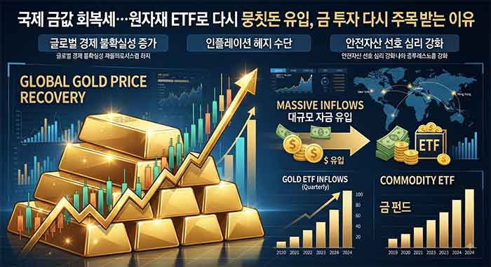 금값 회복세와 원자재 ETF 자금 유입을 나타내는 금융 투자 이미지.