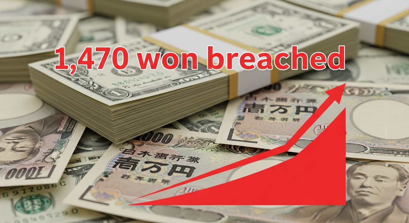 Image of stacked dollar and yen bills with red warning text '1,470 won breached' and an upward arrow graph.