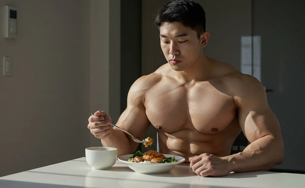 고단백 식단으로 닭가슴살을 먹는 남성 보디빌더의 건강한 식사 장면