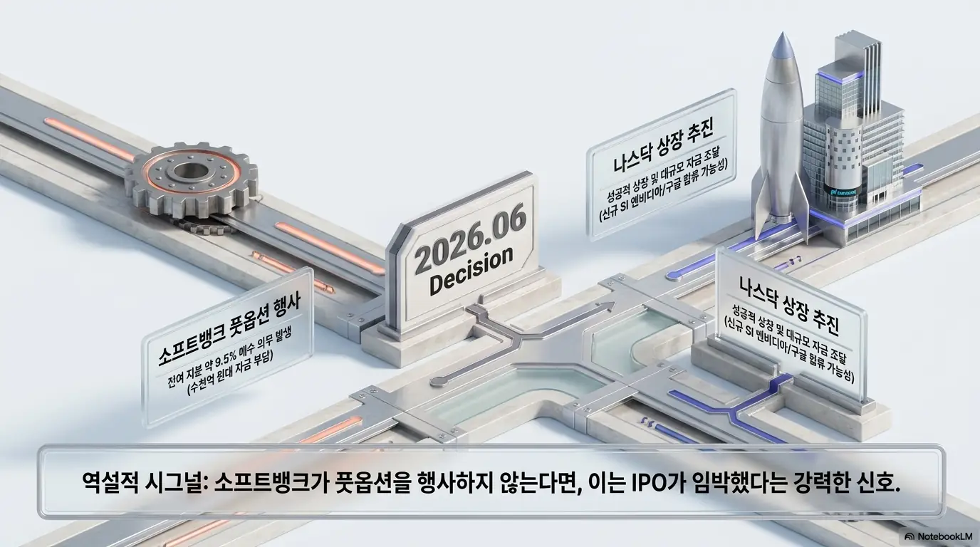 보스턴다이내믹스 2026년 6월 결단을 갈림길로 표현한 이미지. 소프트뱅크 풋옵션 행사 시 잔여 지분 매수 부담과 나스닥 상장 추진 시나리오를 비교하며, 풋옵션을 행사하지 않으면 IPO가 임박했다는 신호라는 역설적 해석을 설명함