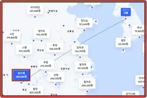 트립닷컴 인천-장가계 경유 왕복 항공권 가격 지도로 한눈에 보는 기능