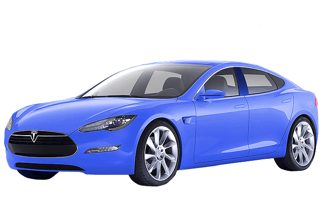 파란색 전기차인 테슬라가 서 있다. 표면이 매끄럽고 세련됐다.