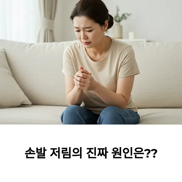 손발 저림 증상으로 불편함을 겪는 중년 여성의 모습
