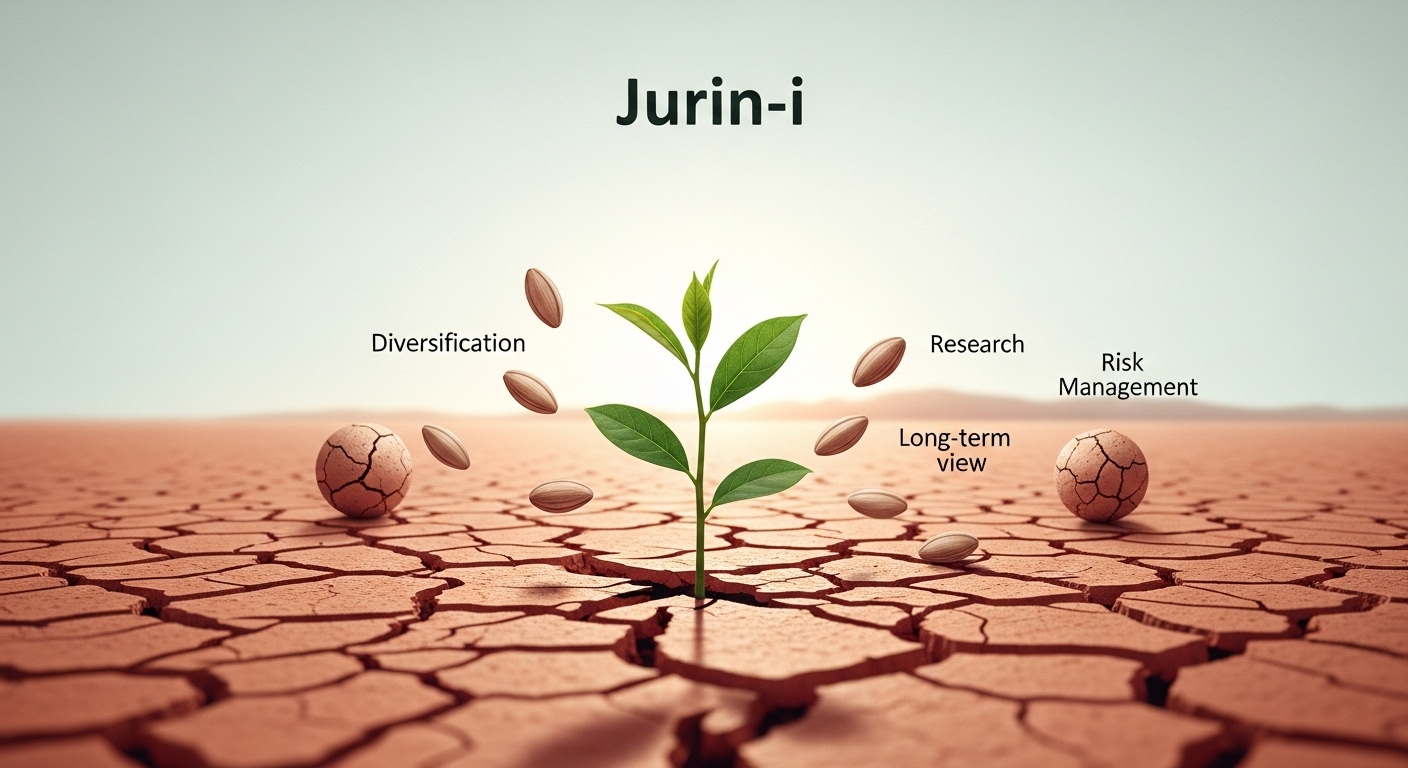 메마른 땅에서 자라는 어린나무(주린이) 주변에 '분산 투자', '기업 분석' 등의 씨앗이 놓여 있는 이미지. 실패를 딛고 새로운 투자 원칙으로 성장하려는 의지를 표현합니다.