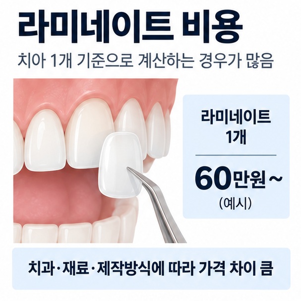 라미네이트 비용이라는 제목과 앞니 세라믹 라미네이트, 치아 1개당 가격표, 상담 장면을 함께 표현한 대표 이미지