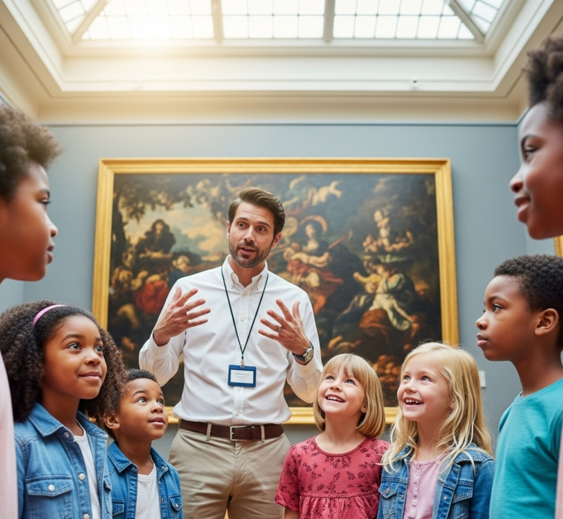 아이들이 미술관 가이드 설명을 듣고 있는 사진