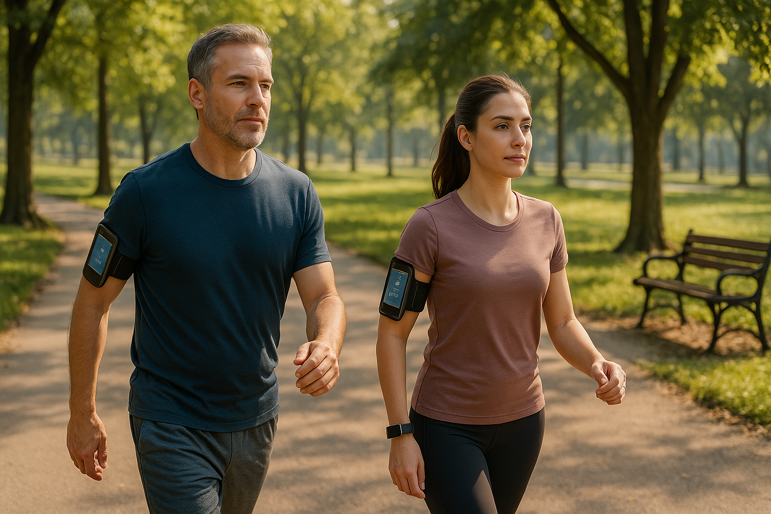 공원 산책로에서 속보로 걷는 시민