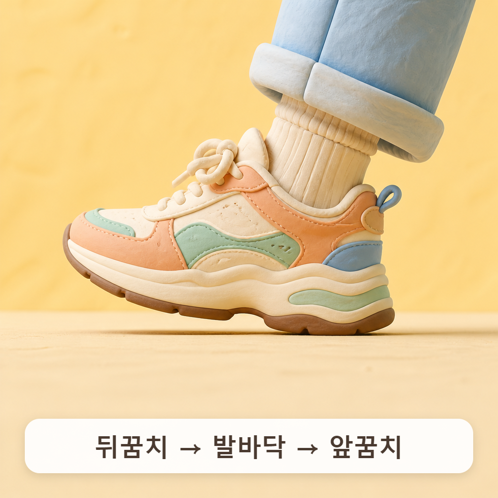운동화를 신은 발이 뒤꿈치부터 바닥에 닿는 옆모습