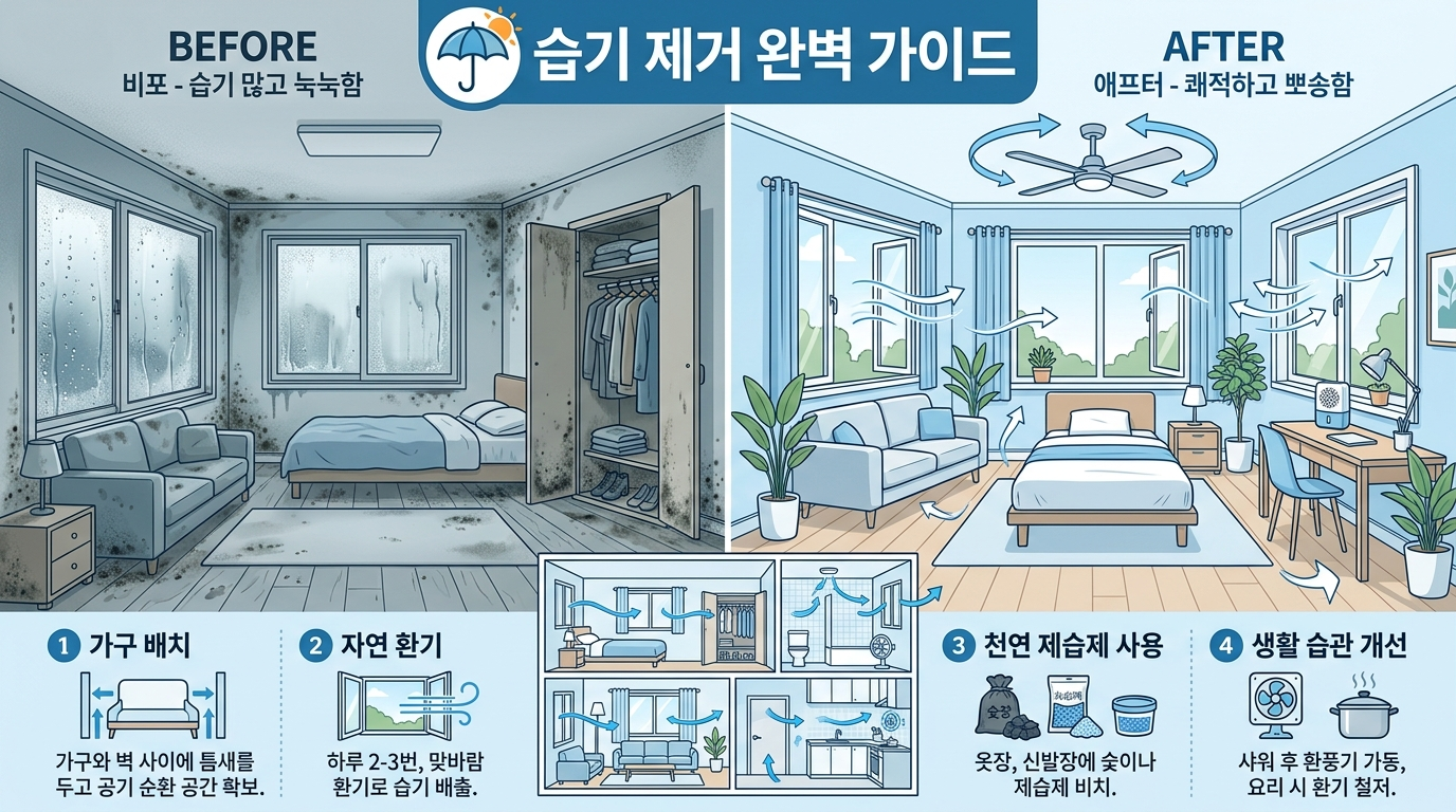 벽에서 떨어져 배치된 가구와 제습기가 가동 중인 쾌적한 자취방 내부, 곰팡이 예방을 위한 습기 제거 완벽 가이드
