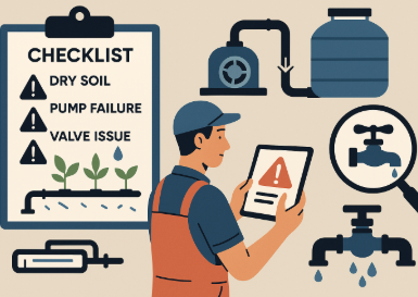 자동 급수 시스템의 고장 진단 과정을 시각화한 평면 일러스트로, 작업자가 태블릿으로 경고 알림을 확인하며 펌프와 밸브, 물탱크 연결 구조를 점검하는 장면