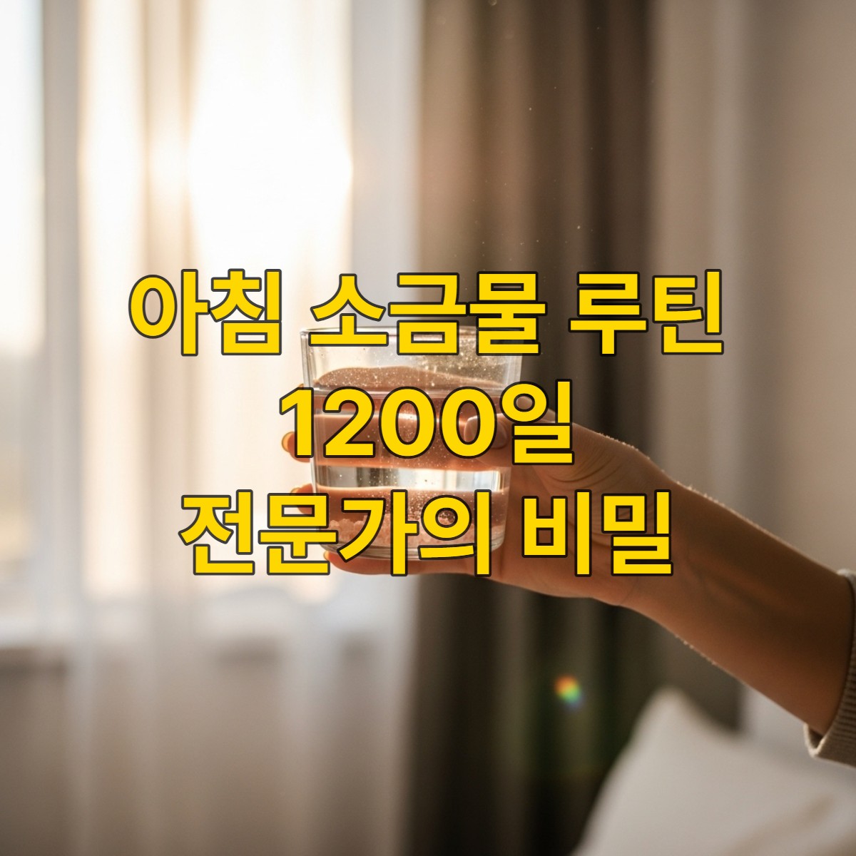 아침 햇살이 비치는 창가에서 따뜻한 소금물 한 잔을 들고 있는 손. 건강하고 활기찬 하루의 시작을 상징합니다.