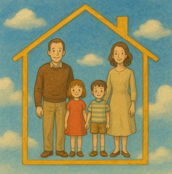 파란 하늘과 구름을 배경으로, 금빛 집 모양 테두리 안에 가족 네 명이 다정하게 서 있는 모습