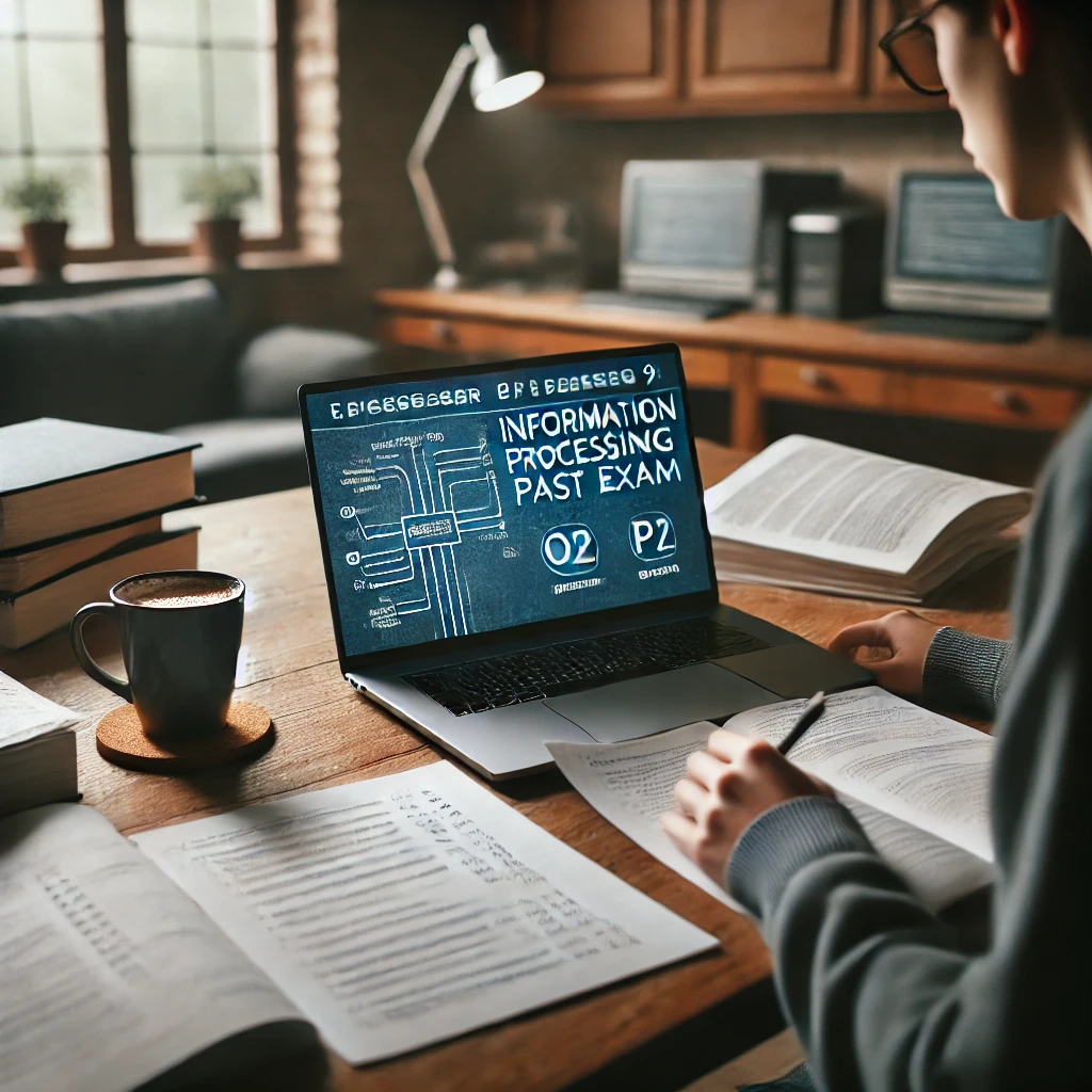 조용한 학습 공간에서 노트북을 활용해 정보처리기사 기출문제를 푸는 학생. 책상에는 노트, 커피잔, 학습 자료가 깔끔하게 정리되어 있음