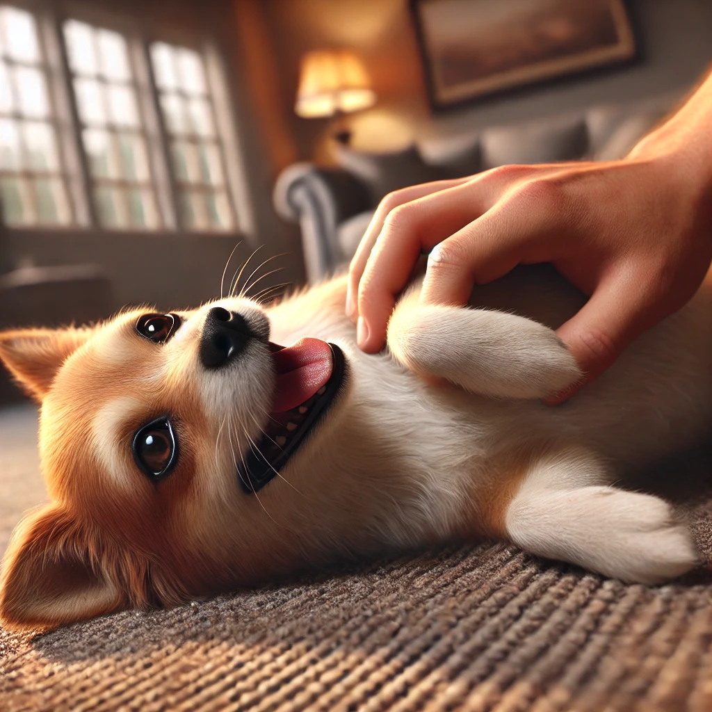 소형견이 배 마사지를 받으며 행복해하는 모습