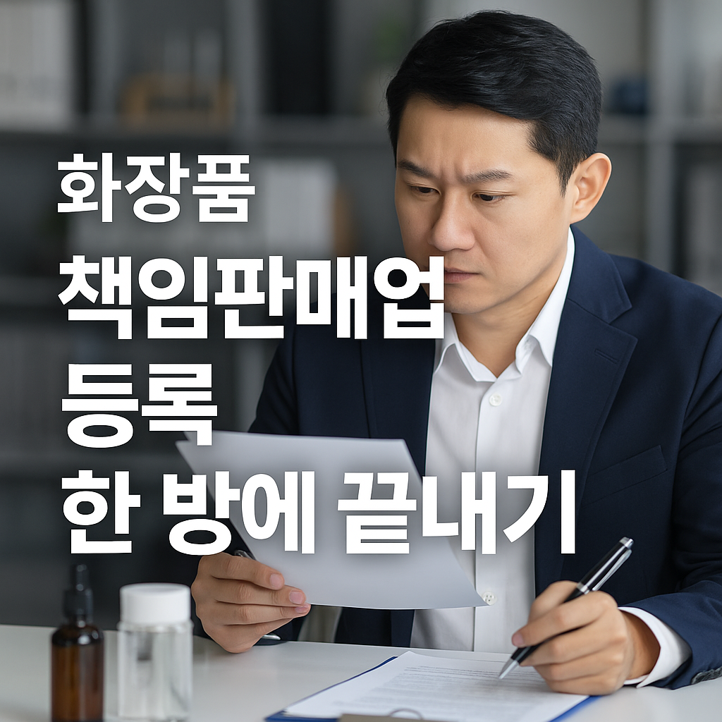 현대 사무실에서 한국인이 화장품책임판매업 등록 서류를 집중해서 검토하는 모습으로, 식약처 등록 절차를 주제로 한 장면입니다.