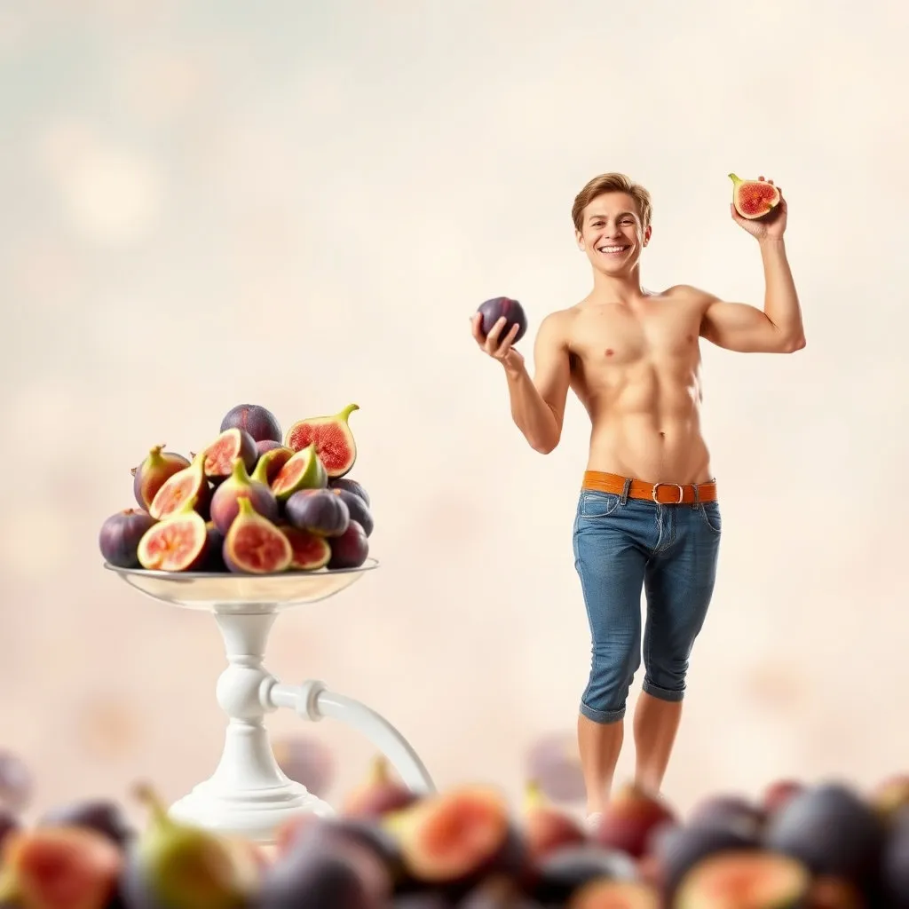 저울의 한쪽에는 무화과가 가득하고 다른 한쪽은 가벼워져 올라가는 모습을 그리거나, 날씬하고 건강해 보이는 인물이 무화과를 들고 행복해하는 모습입니다. 밝고 활기찬 분위기로 건강한 체중 감량을 상징합니다.