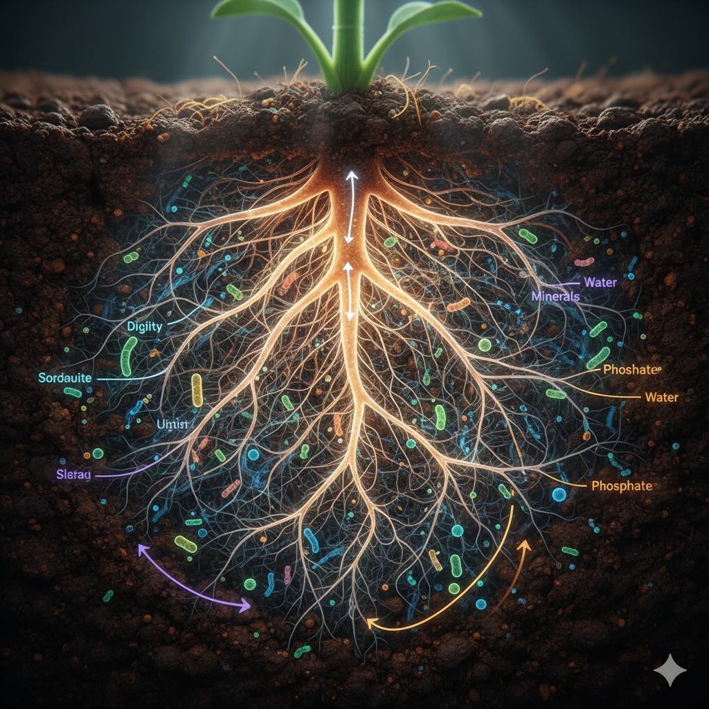 A detailed, close-up illustration showing a cross-section of plant roots intertwined with various soil microorganisms such as fungi (mycorrhizae) and bacteria. The image highlights the exchange of nutrients, with arrows indicating the flow of sugars from the plant to the microbes, and minerals/water from the microbes to the plant, emphasizing their mutualistic relationship in a vibrant, underground network.