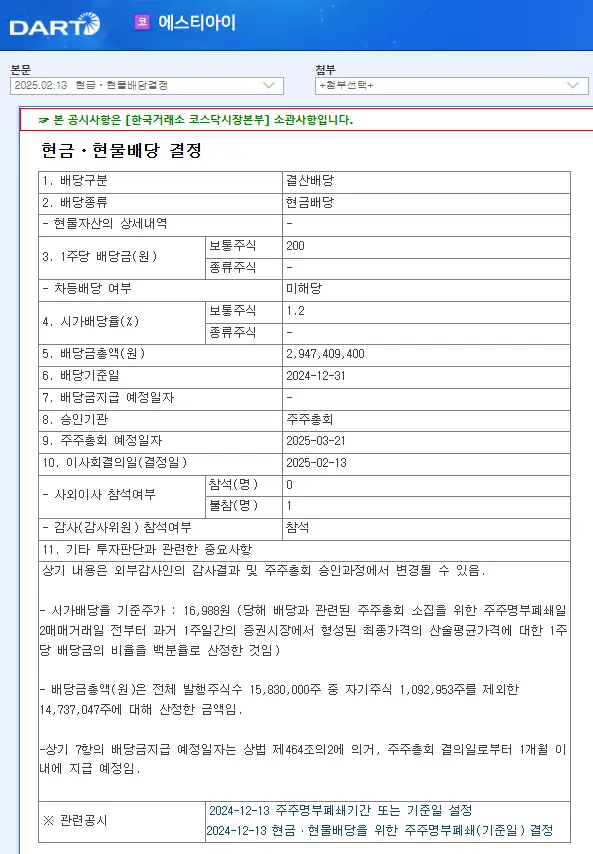 에스티아이(039440) 2025년 배당, 배당금, 배당일, 배당락일