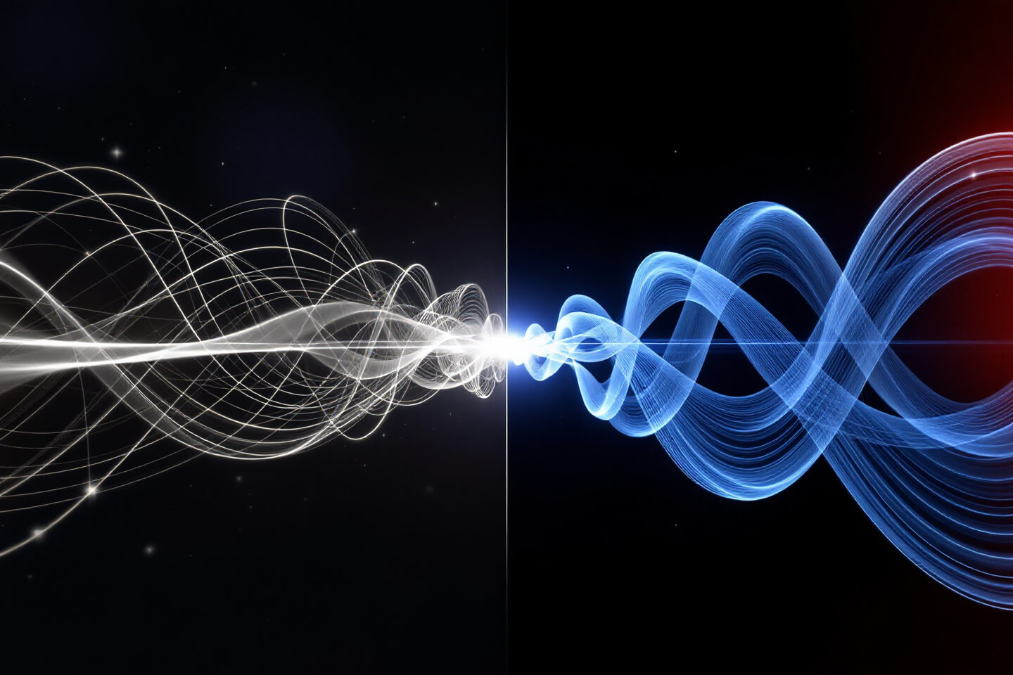 어두운 배경에 두 개의 대조되는 자기장이 나타난 이미지. 왼쪽은 혼란스럽고 흐트러진 흰색 자기장을, 오른쪽은 깔끔하고 정렬된 파란색 자기장을 나타내며 알터마그네티즘의 혁신을 상징합니