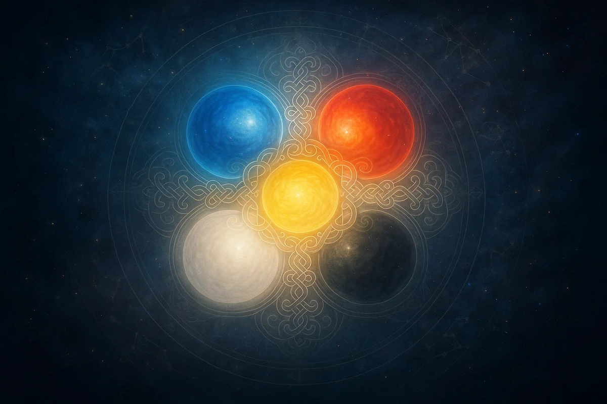 오방신을 상징하는 다섯 색상의 원형 배치와 전통 문양이 조화를 이루는 신비로운 우주 도식