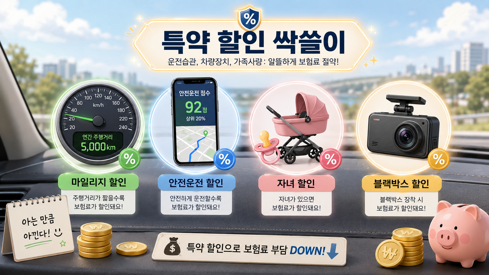 자동차보험 갱신 전 보험료 조회 이벤트와 포인트 혜택을 설명하는 스마트폰 일러스트. 여러 앱에서 보험료를 비교 조회하고 리워드를 받는 앱테크 방식이 강조되어 있다.