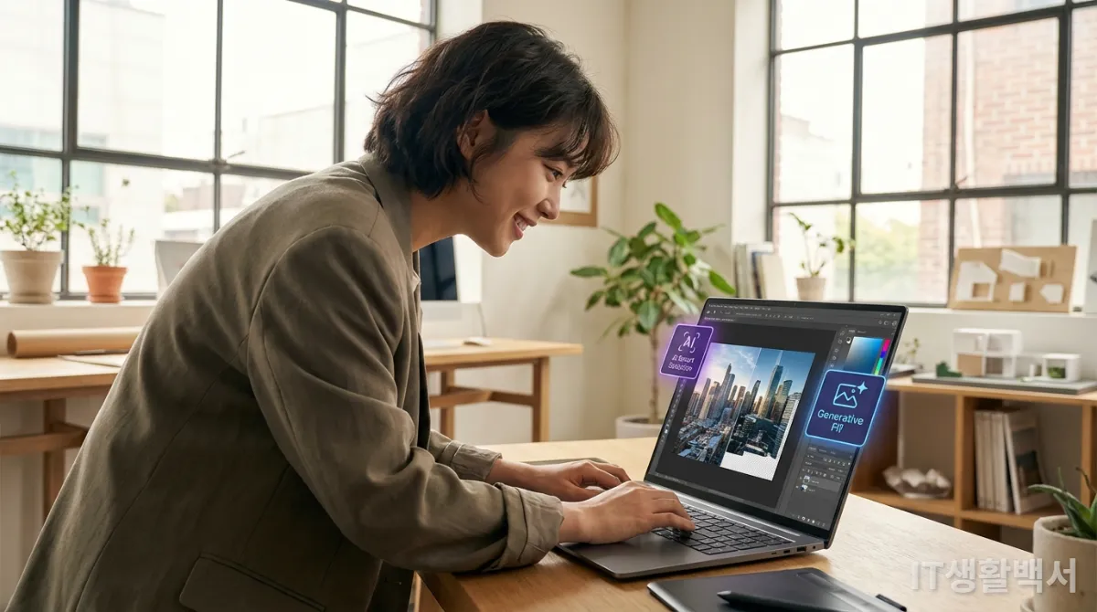 AI 노트북으로 이미지 편집 작업을 효율적으로 수행하는 한국인 그래픽 디자이너