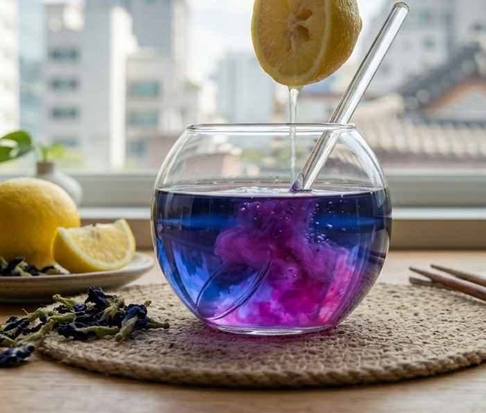 보라카이의 감성 식탁 pH 산도 변화에 따른 버터플라이 피 티의 안토시아닌 색상 변화 레몬즙 닿아 파란색에서 보라색으로 변하는 찰나의 순간 조리 과학 실험 연출