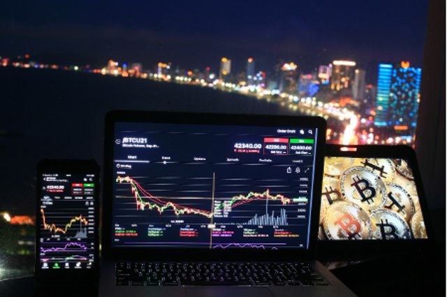 야경 속 비트코인 및 트레이딩 화면